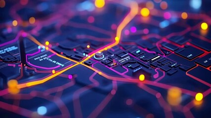 Poster - Complex network of interconnected glowing roads and buildings forming a futuristic city navigation system, visualized with vibrant colors and data points