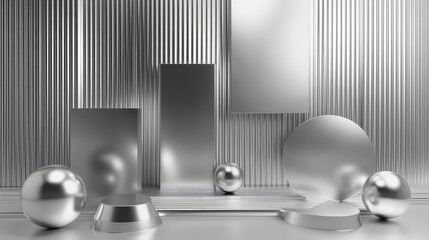Poster - Elegant platinum geometric shapes with soft shadow depth and metallic texture. Luxurious composition.