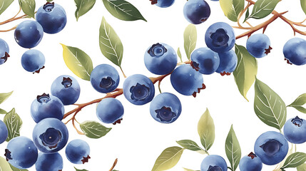 Wall Mural - Watercolor illustration of blueberries on branches a seamless pattern design.