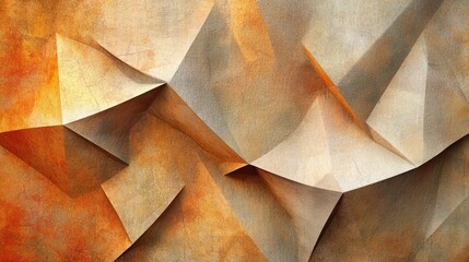 Poster - Golden light abstract background with pale brown, orange, and beige hues. Geometric pattern with triangles and folds. Rough grain texture and matte 3D effect.