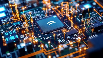 Poster - futuristic microchip with 5g and wireless network symbol is processing data on electronic circuit bo