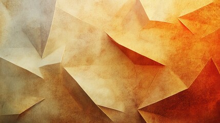 Poster - Golden light abstract background with pale brown, orange, and beige hues. Geometric pattern with triangles and folds. Rough grain texture and matte 3D effect.