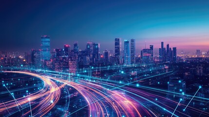 Fototapete - A high-tech city with radiant neon light waves flowing through the skyline, blending future and present.