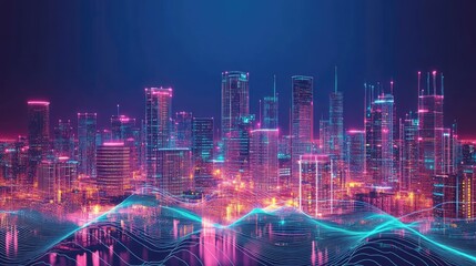 Fototapete - A high-tech city with radiant neon light waves flowing through the skyline, blending future and present.