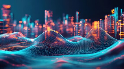 Fototapete - A high-tech city with radiant neon light waves flowing through the skyline, blending future and present.