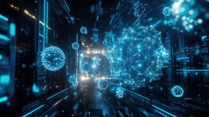 Poster - A high-tech visualization of a network structure with dynamic connections and glowing blue elements.