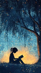 Wall Mural - Girl Reading Underneath a Weeping Willow Tree at Dusk