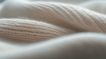 Poster - Soft beige knitted fabric texture in macro shot showing detailed wool or cotton yarn structure with gentle waves and folds creating abstract pattern.