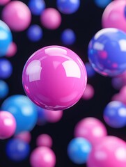 Poster - Colorful floating spheres in pink and blue against a dark background create a vibrant and dynamic visual effect.