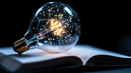 Poster - Glowing vintage light bulb with illuminated filament and decorative wire pattern resting on open book against dark background, symbolizing knowledge and inspiration.