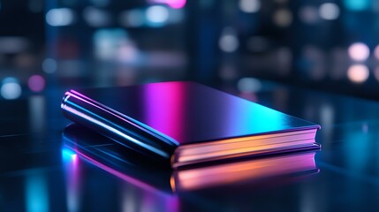 Poster - Closed book with metallic reflective cover illuminated by vibrant neon pink and blue lights against dark background with bokeh effect creates futuristic atmosphere.
