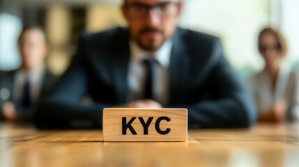 Poster - A business meeting setting focused on KYC (Know Your Customer) processes, with professionals engaged in discussion.