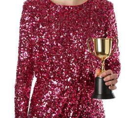 Wall Mural - woman with golden trophy cup on white background, closeup
