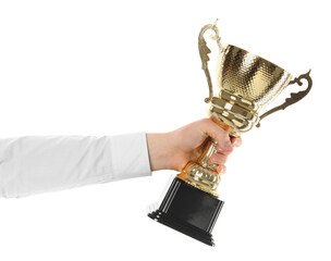 Wall Mural - man with golden trophy cup on white background, closeup