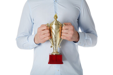 Wall Mural - man with golden trophy cup on white background, closeup