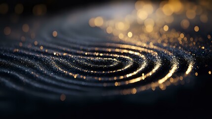 Poster - Rippling waves of dark blue texture with golden glowing bokeh light effects creating magical abstract pattern. Macro photography of glitter particles in motion.