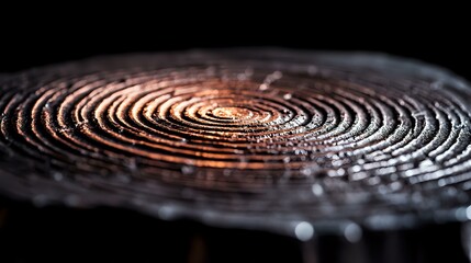 Poster - Mesmerizing concentric ripples in dark liquid create hypnotic circular pattern with copper highlights against black background, macro photography for abstract design.