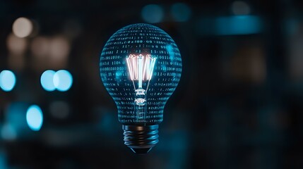 Poster - digital light bulb with glowing filament surrounded by binary code matrix on dark background with bo