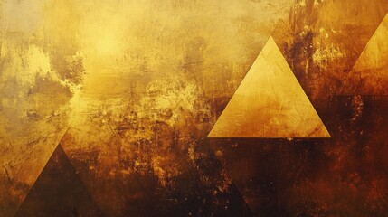 Poster - Soft golden glow on a textured abstract background with triangular patterns, sharp angles, and layered shadows.