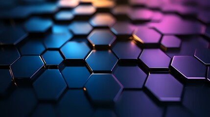 Poster - Hexagonal geometric pattern with blue and purple gradient background creating futuristic technological surface with depth and shadows for modern tech designs.