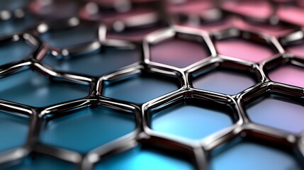 Poster - Metallic hexagonal grid pattern with pink and blue gradient background creating futuristic technological surface, macro view for tech and science designs.
