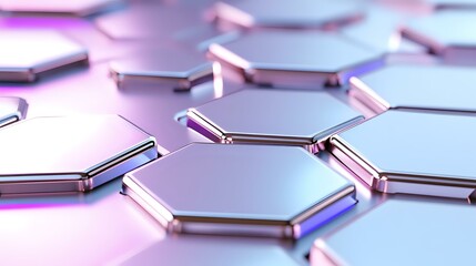 Poster - Metallic hexagonal pattern with connected chrome elements on pink and blue gradient background creating futuristic technological surface structure.