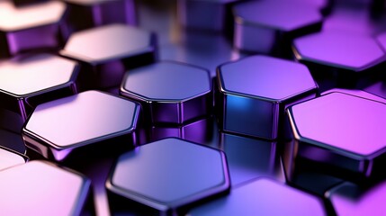 Poster - Metallic hexagonal shapes with purple and blue gradient lighting create dynamic technological pattern background for modern tech and gaming designs.