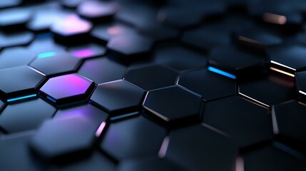 Poster - Dark hexagonal geometric pattern with glowing purple and blue neon lights creating futuristic technological background, abstract modern design for digital concepts.