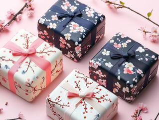 Four pretty small Japanese-style gift boxes with peach blossom decorations. Two have a black background, two white. 