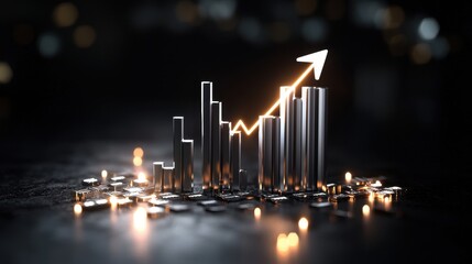 Poster - Modern 3D Rendered Stock Market Graph with Vertical Bars and Ascending Arrow on Dark Background