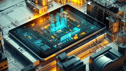 Poster - futuristic tablet displaying holographic projection of industrial plant, managing and optimizing pro