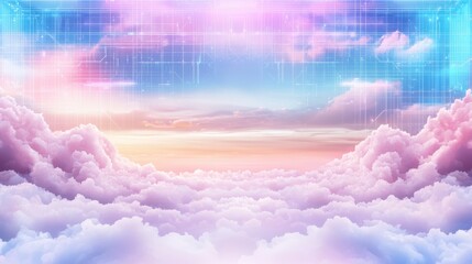 Poster - Soft Pastel Cyber Clouds with Glitch Pattern in Pink and Lavender Hues for Dreamy Background Designs