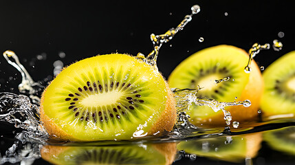 Canvas Print - Juicy yellow kiwi slice with splashing liquid. Refreshing and vibrant fruit image.