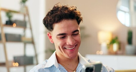 Poster - Phone, relax and social media with man on sofa in living room of home for browsing dating app profiles. Contact, smile or text message with happy person in apartment for mobile or online chatting