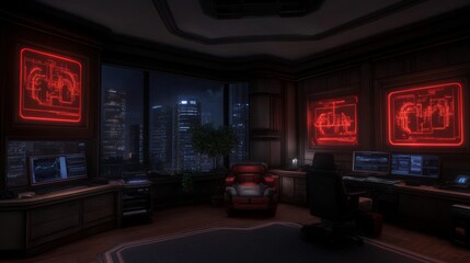 Poster - Dark Interior Command Center with Red Displays and City Skyline View at Night.