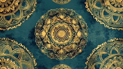 Poster - Detailed golden pattern with swirling designs on a dark blue textured background