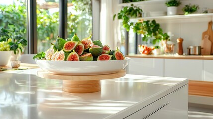 Wall Mural - Tasty fig: A superfood with organic vitamins. Fresh fruit bowl on a kitchen island in a bright, airy setting.