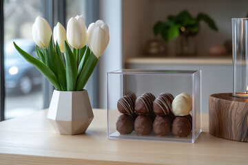 Wall Mural - P Minimalist chocolates in a clear acrylic bo