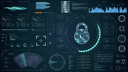 Fototapete - Motion graphic of Blue digital security key with head up display (HUD UI) and circuit panel futuristic abstract background network firewall technology and data secure video concepts