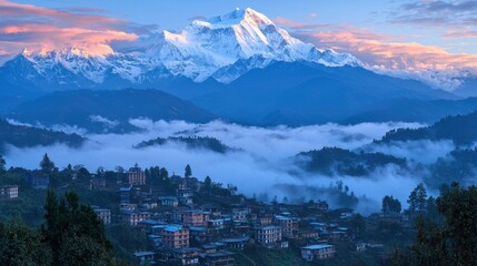 Wall Mural - Himalayan village sunrise, misty mountains, scenic vista, travel poster