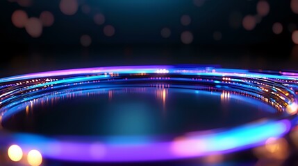 Poster - Futuristic curved light trails with neon blue and purple colors against dark background create dynamic motion effect, perfect for technology concepts.