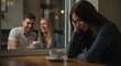 © AI Photo Stock - Woman Feeling Lonely in a Coffee Shop - A woman expresses sadness while observing a happy couple outside. This scene symbolizes love triangle, isolation, contrast, emotions, friendship
