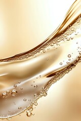Poster - Luxurious golden liquid wave with sparkling bubbles and droplets flowing in smooth curves against soft beige background, creating elegant abstract composition.