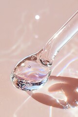 Poster - Crystal clear water drop with iridescent reflections on spoon against soft pink background, capturing light and rainbow effects in macro photography.
