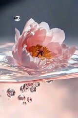 Poster - Delicate pink peony floating in water with air bubbles rising beneath surface, soft petals reflecting in rippling water against muted background, creating serene atmosphere.