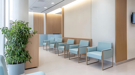 Wall Mural - Modern waiting area with light blue chairs and a plant.