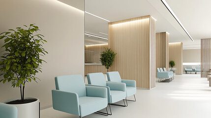 Wall Mural - Modern waiting area with light blue chairs and a plant.