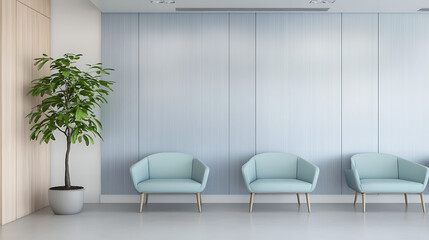 Wall Mural - Modern waiting area with light blue chairs and a plant.