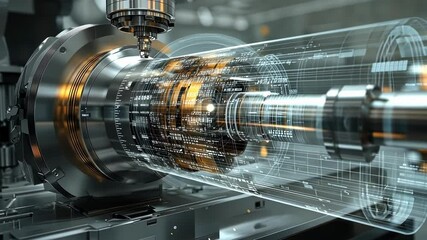 Poster - modern cnc machine processing metal part with a futuristic heads up display interface showing techni