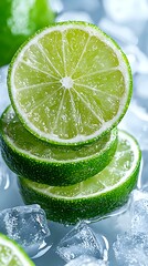 Poster - Fresh lime slices stacked with ice cubes on cool blue background, macro shot showing juicy citrus texture and water drops for cocktail and beverage concepts.